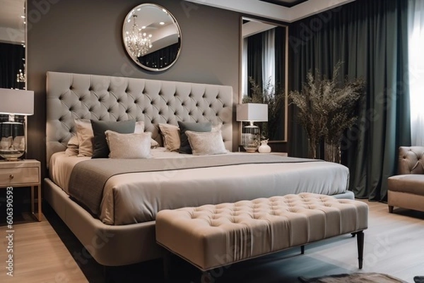 Fototapeta illustration, elegant bedroom with bed and chest of drawers, generative ai