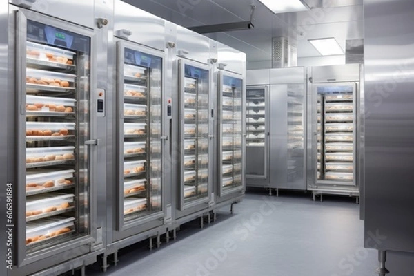 Fototapeta food manufacturer, with temperature-controlled holding cabinets filled with freshly made products, created with generative ai