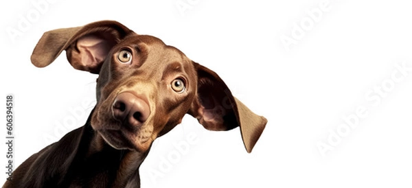 Fototapeta Śliczny zabawny pies lub zwierzak gra i wygląda na szczęśliwego odizolowanego na przezroczystym tle. Brown Weimaraner Młody pies pozuje. Śliczne, szczęśliwe szalone strzały psa uśmiechające się na przezroczyste, png