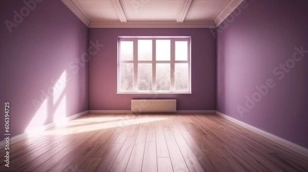 Fototapeta A shadow from a window in an empty room with purple walls. Design and interior of the room. Generative AI
