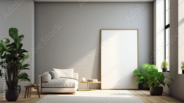 Fototapeta Modern Interior Design with Blank Mockup Frame Poster, 3D Render, 3D Illustration