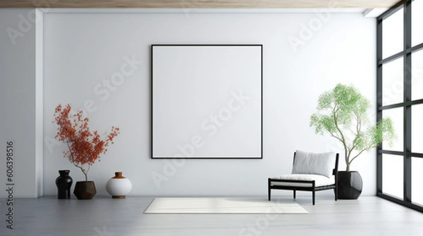 Fototapeta Modern Interior Design with Blank Mockup Frame Poster, 3D Render, 3D Illustration