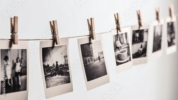 Obraz Photos attached with a clothespin on a rope on a white background. Side view. Generative AI
