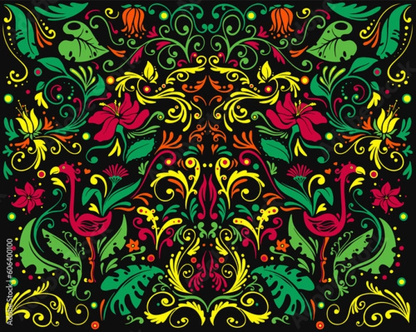 Obraz Vector ornament with jungle leaves and flamingos can be used for clothes like a print.
