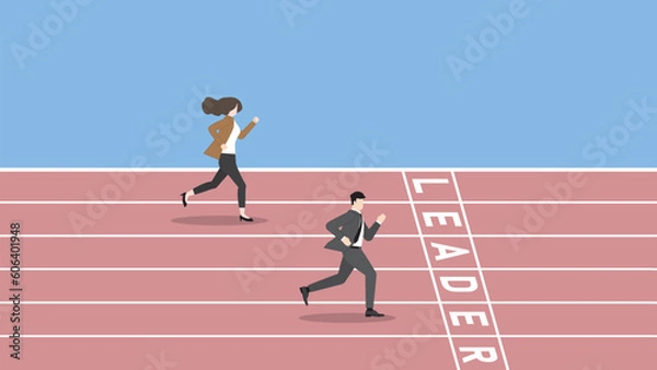 Fototapeta Business competition concept. Businessmnn and businesswoman
 run on a race track to win at the LEADER finish line. Ambition, work hard, target, goal, contest challenge, and career performance concept.