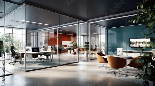 Obraz A professional workspace design with sleek glass partitions, modern furniture, and a sophisticated color scheme to inspire productivity. generative ai