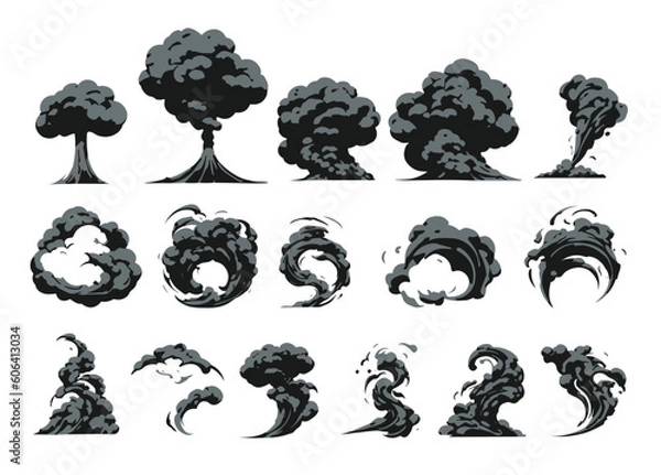 Fototapeta Explosion, burst fire effect of exploded dynamite or nuclear bombs with energy flashes, dust splashes and smoke clouds cartoon collection. Vector illustration