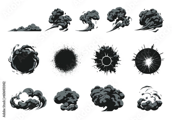 Fototapeta Explosion, burst fire effect of exploded dynamite or nuclear bombs with energy flashes, dust splashes and smoke clouds cartoon collection. Vector illustration