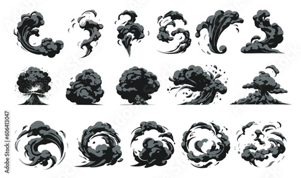 Fototapeta Explosion, burst fire effect of exploded dynamite or nuclear bombs with energy flashes, dust splashes and smoke clouds cartoon collection. Vector illustration