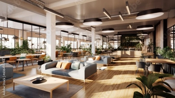 Obraz A work design of a trendy co - working space with stylish communal areas, cozy private booths, and an on - site cafÃ© for networking and relaxation. generative ai