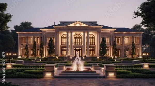 Obraz An elegant exterior design of a luxury mansion nestled amidst lush gardens, featuring a grand entrance with a sweeping driveway and imposing columns. generative ai