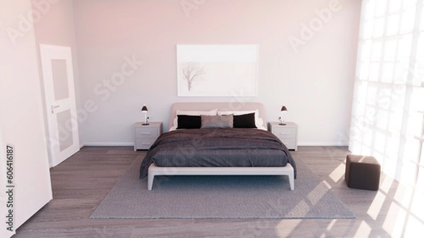 Fototapeta View of a modern bedroom interior furniture. Furniture with bed and wardrobe. Interior architecture, project. Ceiling illuminated by internal lights. 3d rendering
