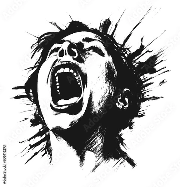 Fototapeta Hand drawn screaming woman. Retro halftone collage element. Vector illustration of grunge art templates. Dotted pop art vintage style.