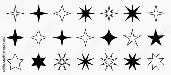 Fototapeta Y2K trendy star shapes, signs and symbols, millennial abstract elements, collection of retro design shapes.