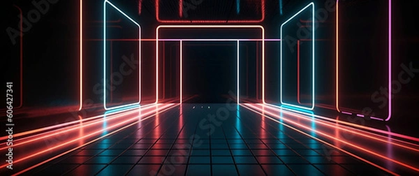 Fototapeta Neon Light Futuristic Background With Empty Floor Against Abstract Vertical Lines
