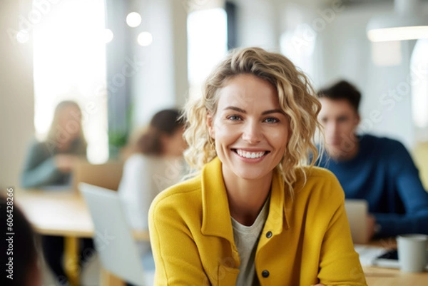 Fototapeta Photo of beautiful happy woman looking at camera while sitting at office