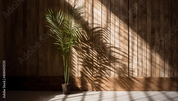 Fototapeta tree in a pot with wooden wall, Generative AI