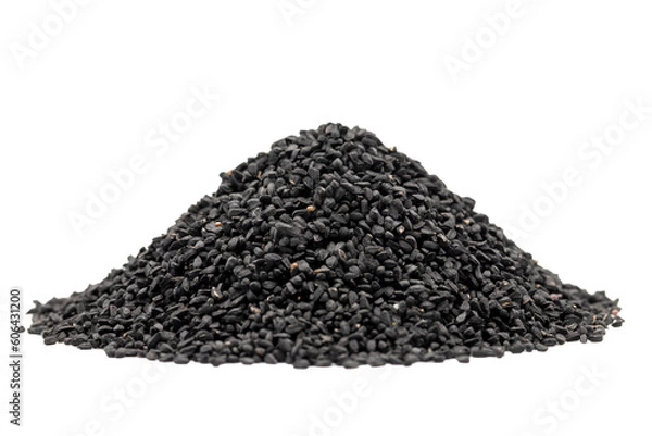Fototapeta Black cumin or nigella sativa isolated on white background. Pile of black cumin seeds. Kalonji, nigella, black cumin