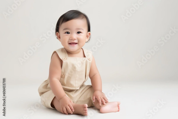 Fototapeta Smiling asian toddler sits on a beige background with copy space. Advertising template for children's products. Photorealistic illustration generative AI.