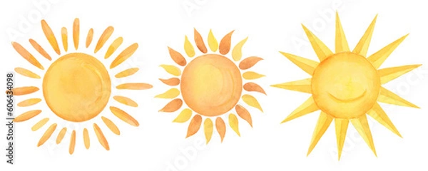 Fototapeta Sun - Sunshine with rays watercolor hand painted on isolated and transparent background 