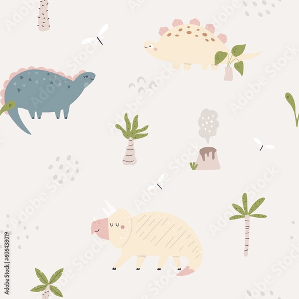 Fototapeta Hand drawn seamless pattern with cute and funny dinosaurs