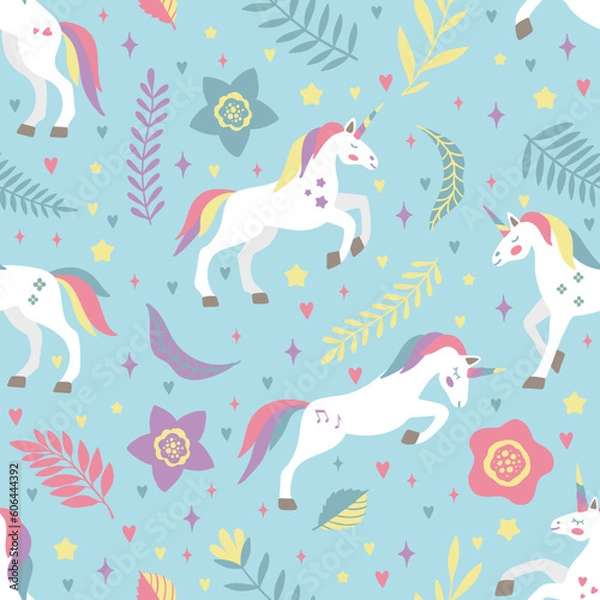 Fototapeta Hand drawn seamless vector pattern with cute unicorns, stars, hearts, diamonds. Perfect for fabric, wallpaper, wrapping paper or nursery decor.