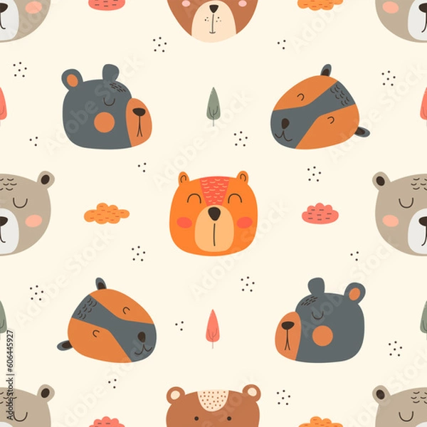 Obraz Seamless pattern with cute bear. bears, teddy, bear, trees and dots in scandinavian style isolated vector.
