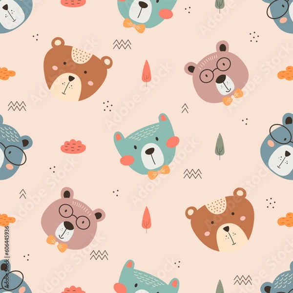 Obraz Seamless pattern with cute bear. bears, teddy, bear, trees and dots in scandinavian style isolated vector.
