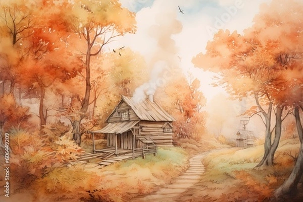 Fototapeta Abandoned wooden house in the summer forest. Watercolor painting , generate ai