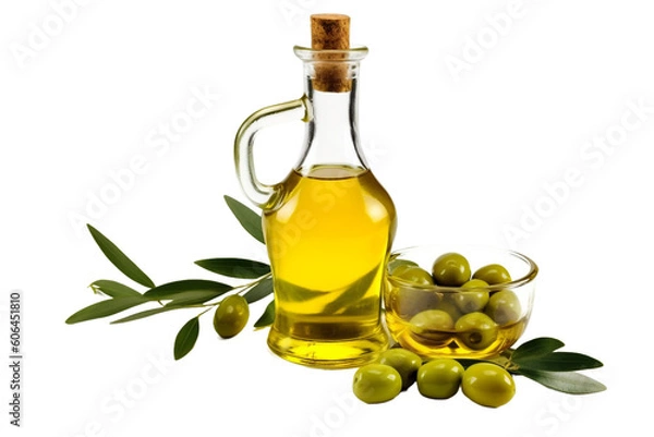 Obraz Olive oil and olives transparent background.
