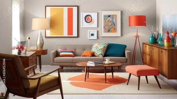 Obraz Vintage Modern Living Room with Large Wall for Custom Artwork created with generative ai technology