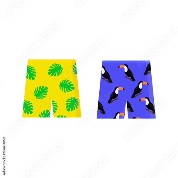 Obraz Set of tropical shorts. Cartoon bright exotic shorts with monsteras, toucans. Flat colorful summer clothes. Vector illustration