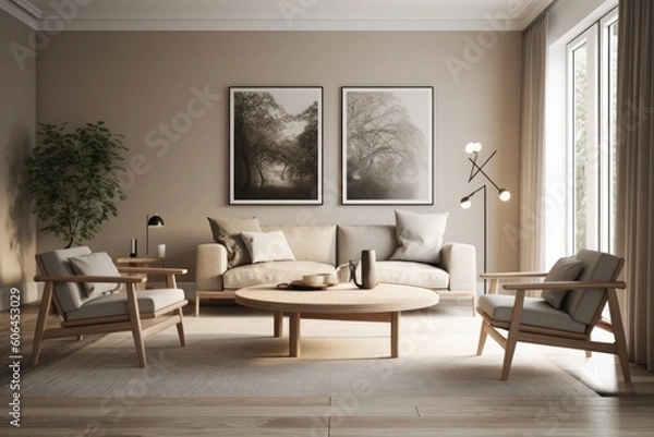 Fototapeta Stylish Scandinavian Interior with Room for Custom Artwork created with generative ai technology