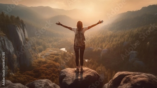 Fototapeta Happy female hiker standing on a cliff with her arms up in the air feeling free, girl with arms outstretched, Generative AI