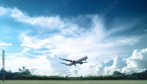 Obraz World Environment Day concept: Airplane in the blue sky and cloud, generate ai
