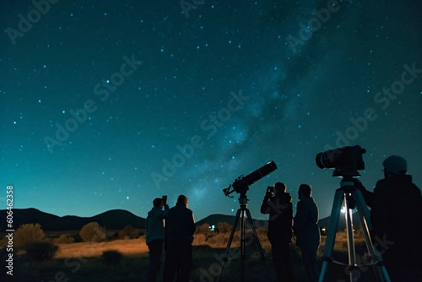 Fototapeta A group of people star gazing in a field with a focus on the sky 