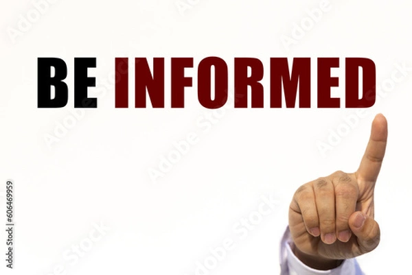 Fototapeta Be informed text on white wall background with businessman's finger point at the message with empty space. This message can be used as business concept about be informed.