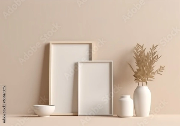 Fototapeta Home interior poster mock up with metal frame and plants or succulents on wall background. 3D style. Generative Ai.