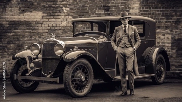 Fototapeta vintage car with a man in tweed suit in sepia - Generative AI