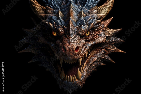 Fototapeta An AI generated illustration of a dragon's head against a black background. The dragon is known as a mythical creature from myths, sagas, legends and fairy tales of many cultures; until modern times