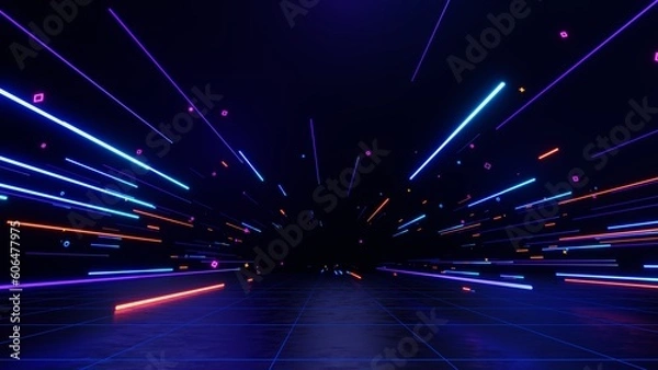 Fototapeta Technologia 3D Streszczenie Neon Light Tło, pusta scena kosmiczna, reflektor, ciemna noc, wirtualna rzeczywistość, cyber futurystyczne tło science fiction, studio uliczne podłogowe dla makiet. kolorowy geometryczny.