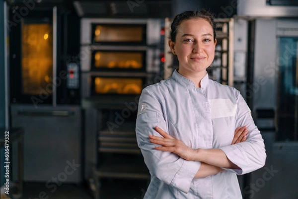 Fototapeta smiling beautiful woman baker in uniform stands near the oven before the start of work bakery production of pastries