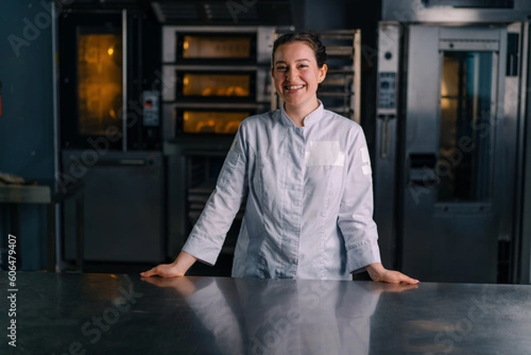 Fototapeta smiling beautiful woman baker in uniform stands near the oven before the start of work bakery production of pastries