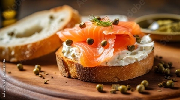 Obraz bagel with cream cheese, smoked salmon, and capers on top