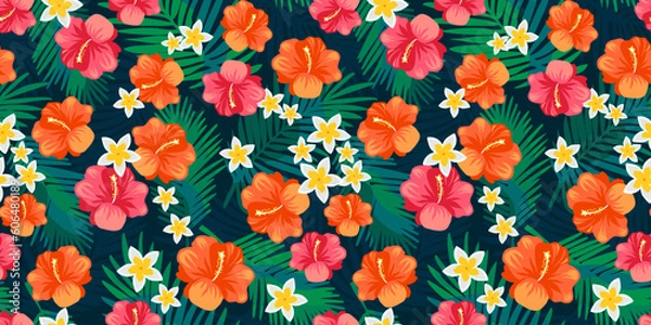 Obraz Tropikalne kwiatowe bezszwowe wzór z jasnym hibiskusem, białym, żółtym frangipani i ciemnym kolorem paproci pozostawia ilustrację tła. Projekt nadruku tkaniny w stylu Hawaii