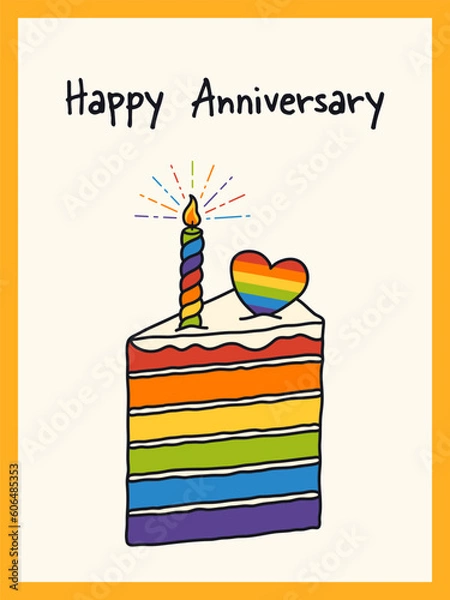 Obraz Pride month. Happy anniversary hand drawing greeting card with cake.