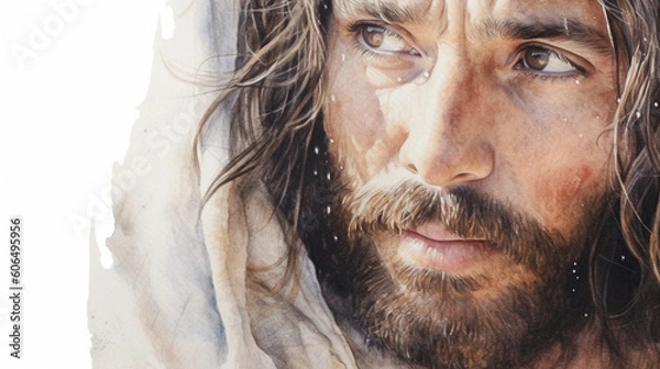 Fototapeta Akwarela ołówkowa ilustracja z bliska Jezusa portret. Spokojny i spokojny nastrój. Baner z przestrzenią kopiowania. Generatywny AI