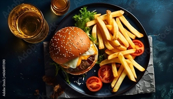 Obraz hamburger and fries from above
