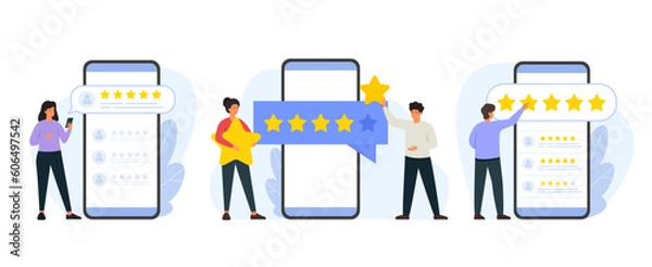 Fototapeta Vector illustration set of consumer review and 5 stars rating. Customers feedback concept. People collection of scenes in flat design.
