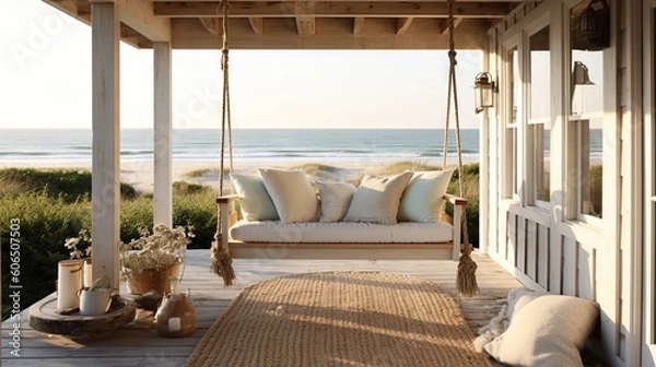 Fototapeta  a porch with a swing chair and pillows on the front porch of a beach house with a view of the ocean in the distance,.  generative ai